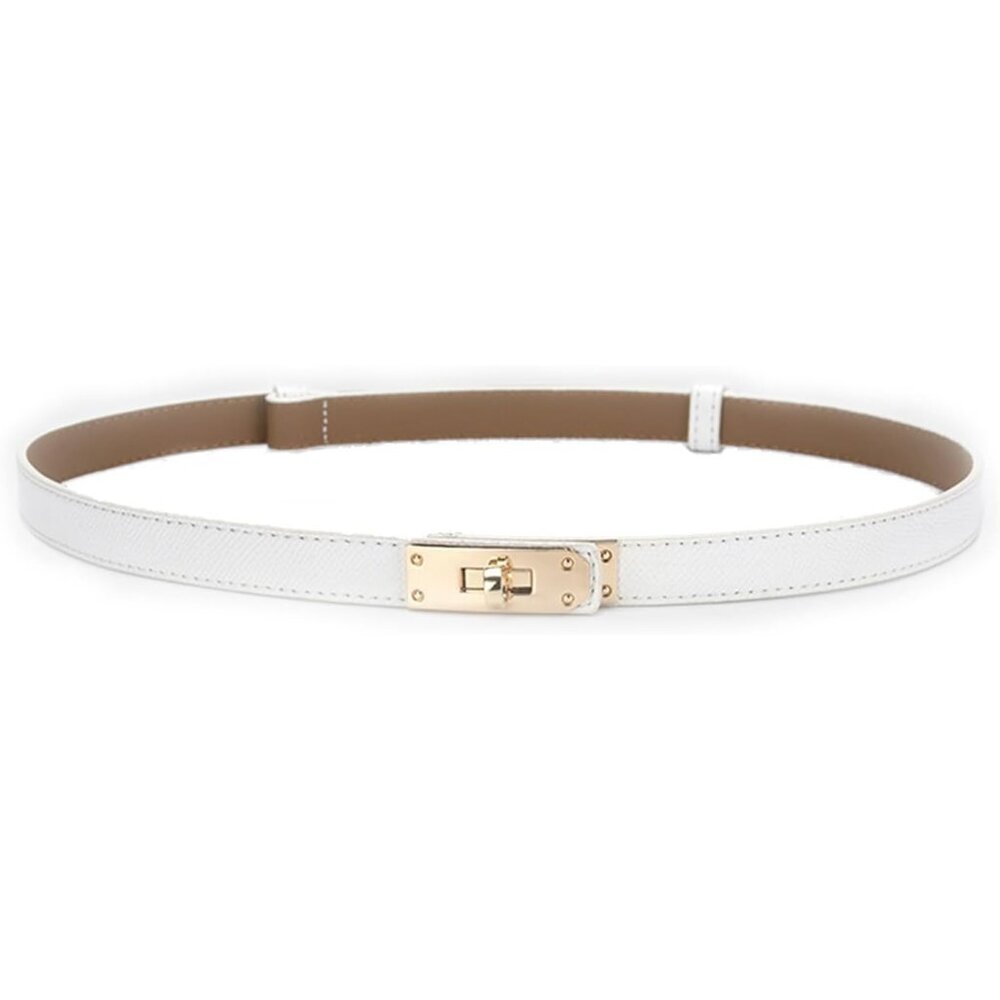 🆕 Women's Skinny Leather Belt With Adjustable Turn-Lock Buckle Ideal White Gold